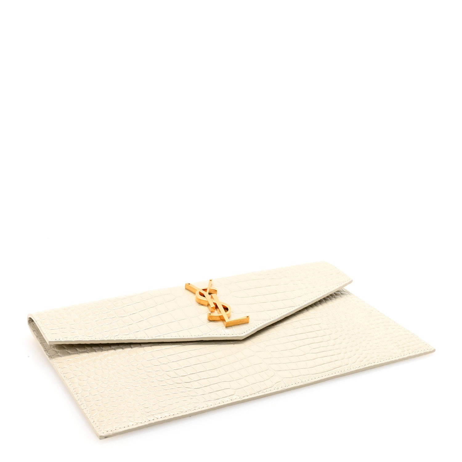 Saint Laurent Calfskin Crocodile Embossed Uptown Monogram Clutch Crema Soft 4 of 6