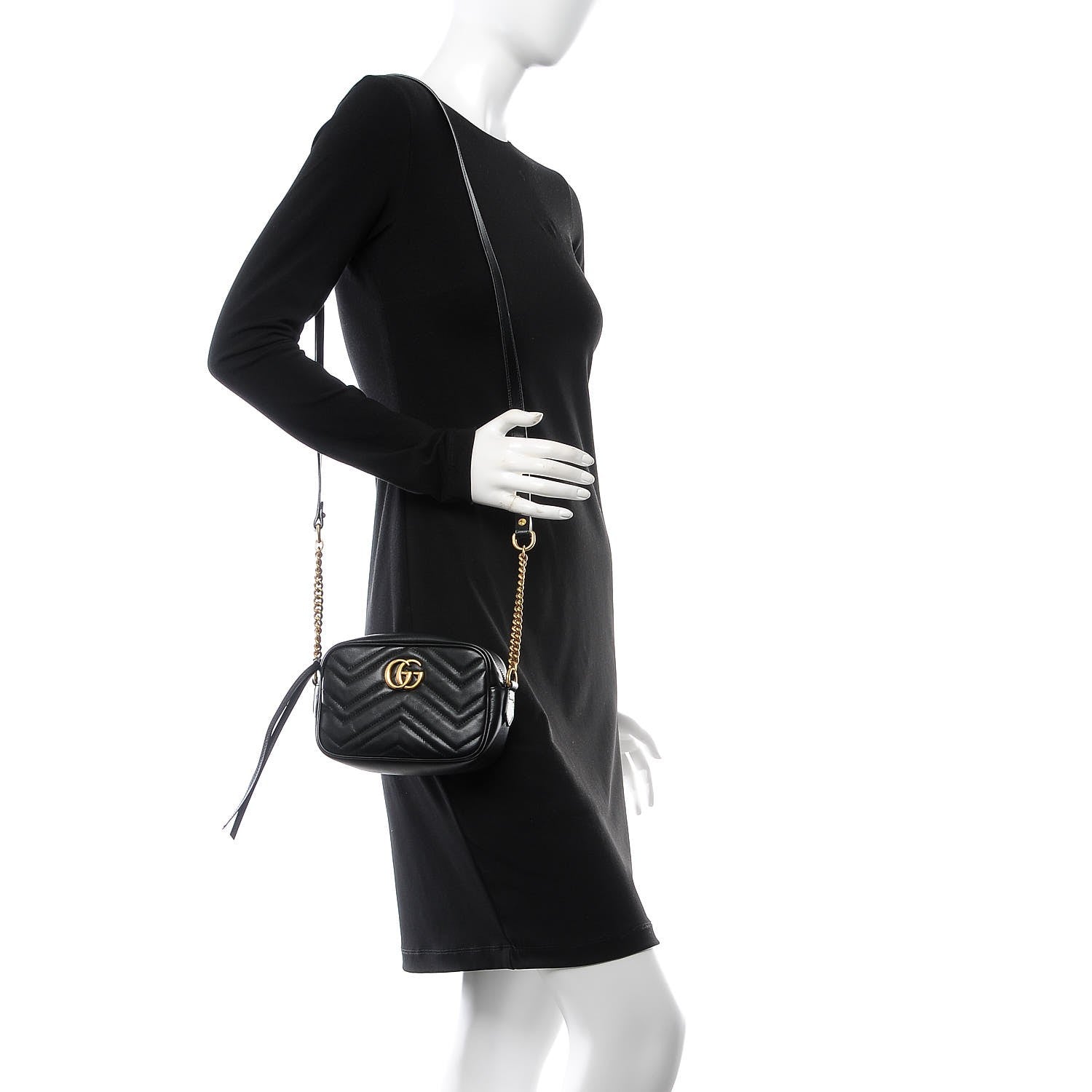 Gucci Calfskin Matelasse Mini GG Marmont Chain Shoulder Bag Black 2 of 9