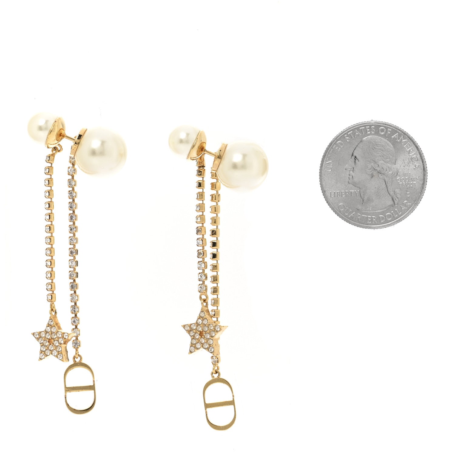 Christian Dior Pearl Crystal Star Tribale Dangle Chain Earrings Gold 2 of 4