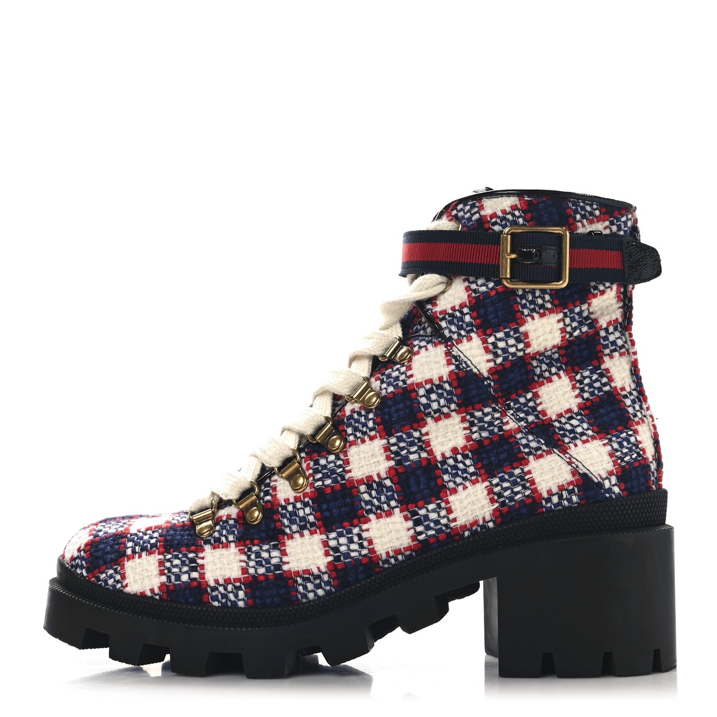 Vintage Tweed Check Lace Up Combat Ankle Boots 41 White Hibiscus Red Marine