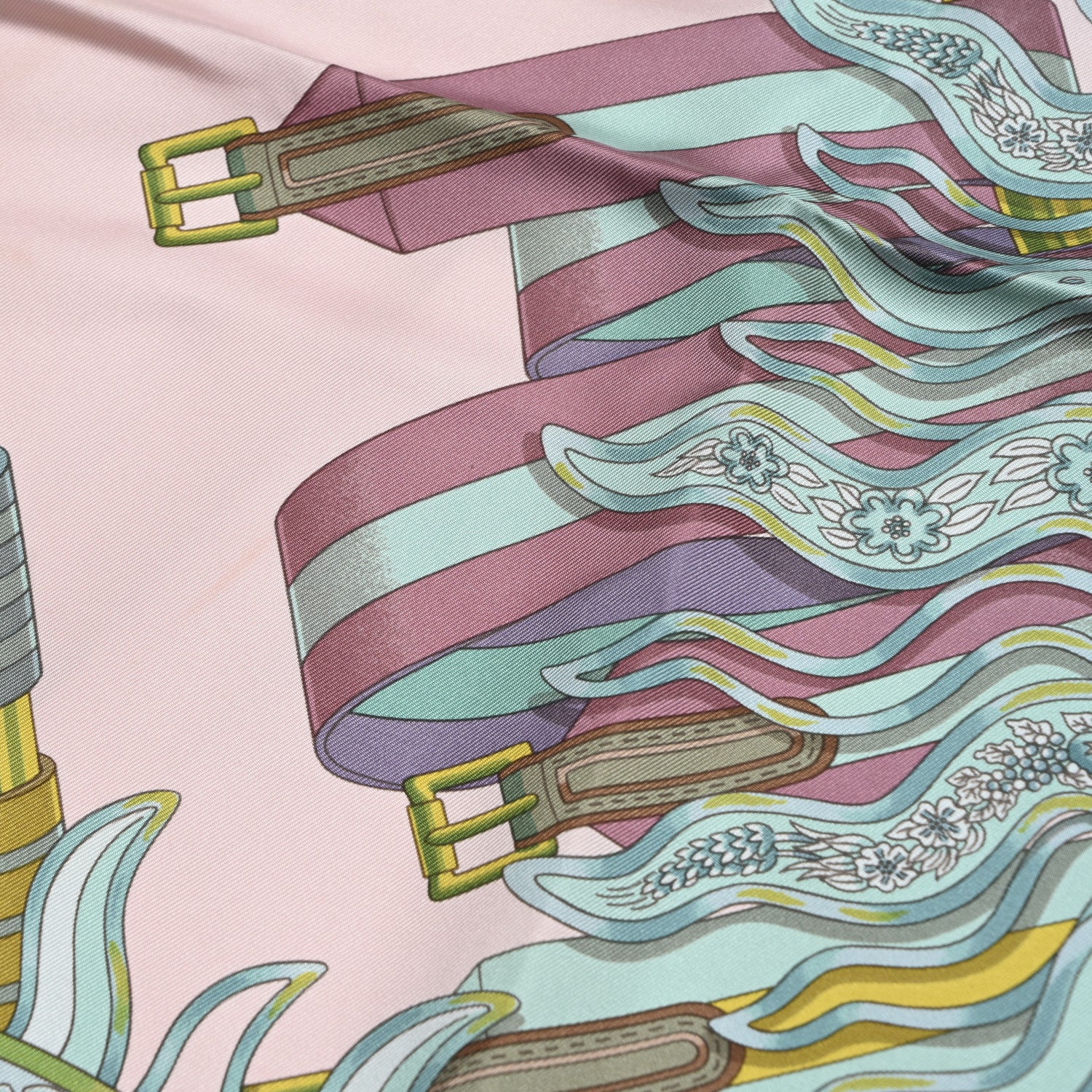 Hermes Silk Les Sangles de Phoebus Scarf 90 Rose Pale Aqua Arnica 5 of 5