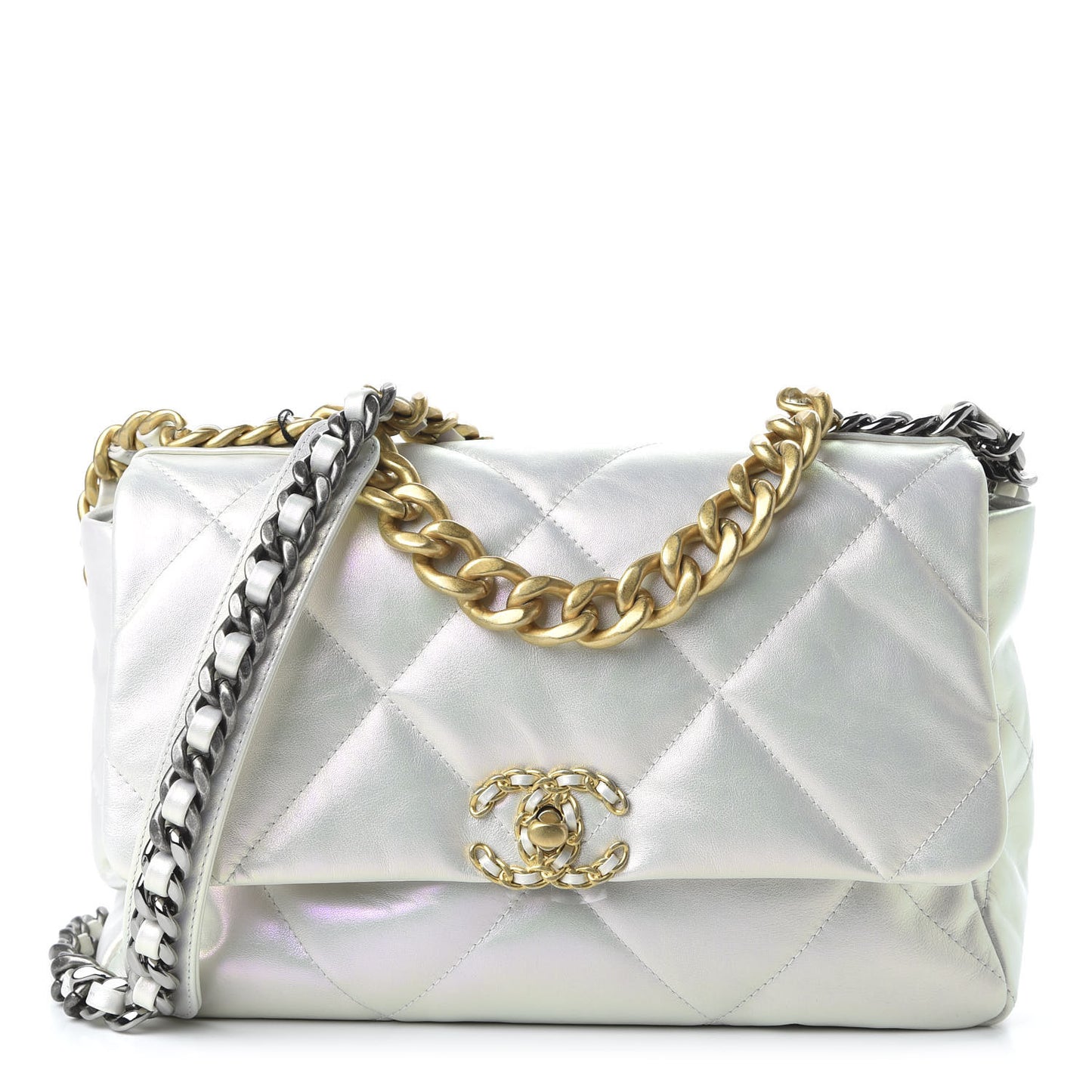 Iridescent Calfskin Quilted Large 19 Flap White