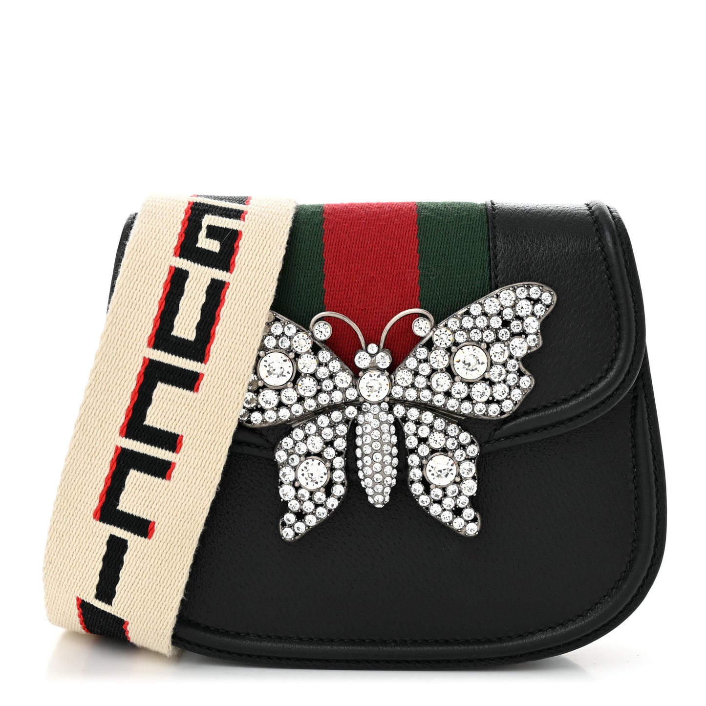 Calfskin Web Crystal Butterfly Stripe Small Totem Shoulder Bag Black
