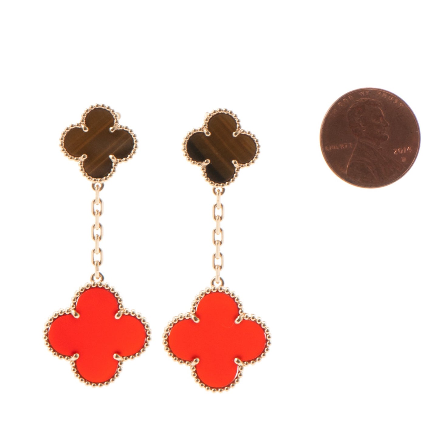 18K Yellow Gold Tiger Eye Carnelian 2 Motifs Magic Alhambra Earrings