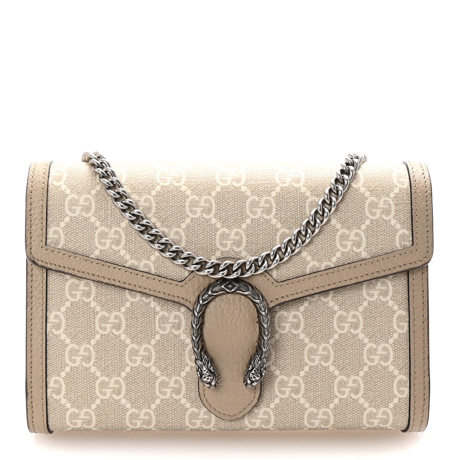 Gucci GG Supreme Monogram Textured Dollar Calfskin Mini Dionysus Chain Wallet Beige Mystic White Oatmeal 1 of 10