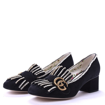 Gucci Kid Scamosciato Crystal GG Marmont Fringe 50mm Loafer Pumps 37.5 Black 3 of 10
