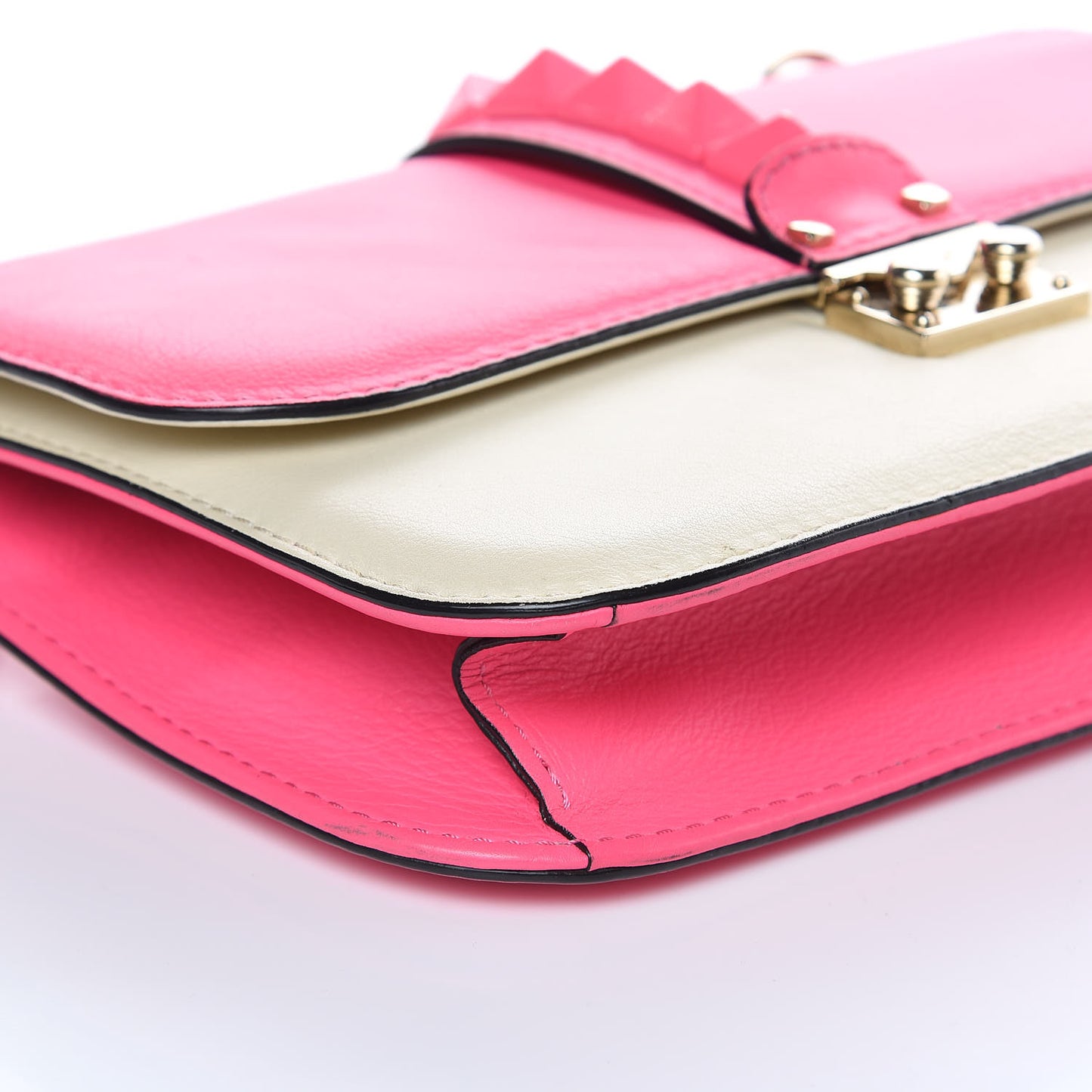 Vitello Bi-Color Large Glam Lock Rockstud Flap Fuxia Fluo Ivory
