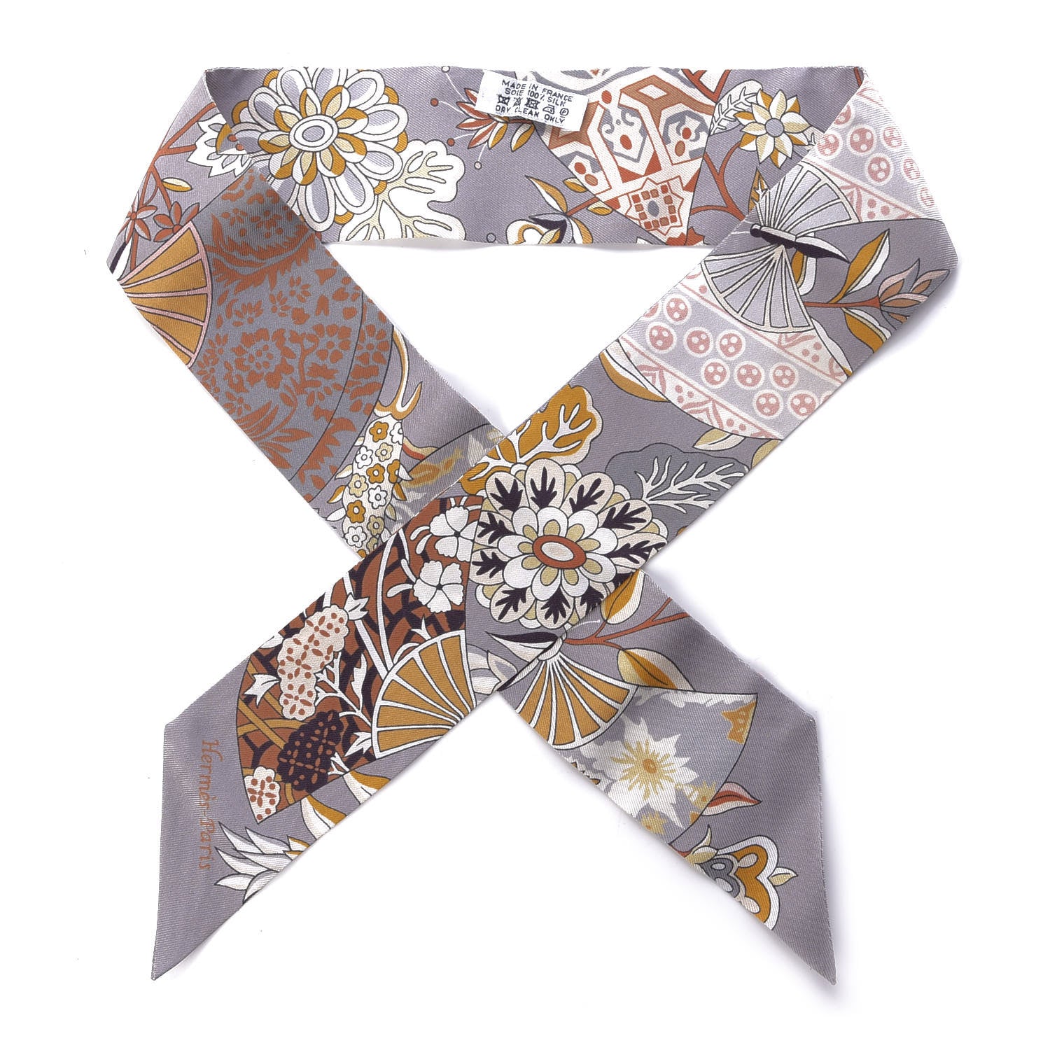 Hermes Silk Fleurs et Papillons de Tissus Twilly Gris Perle Brun Or 1 of 5