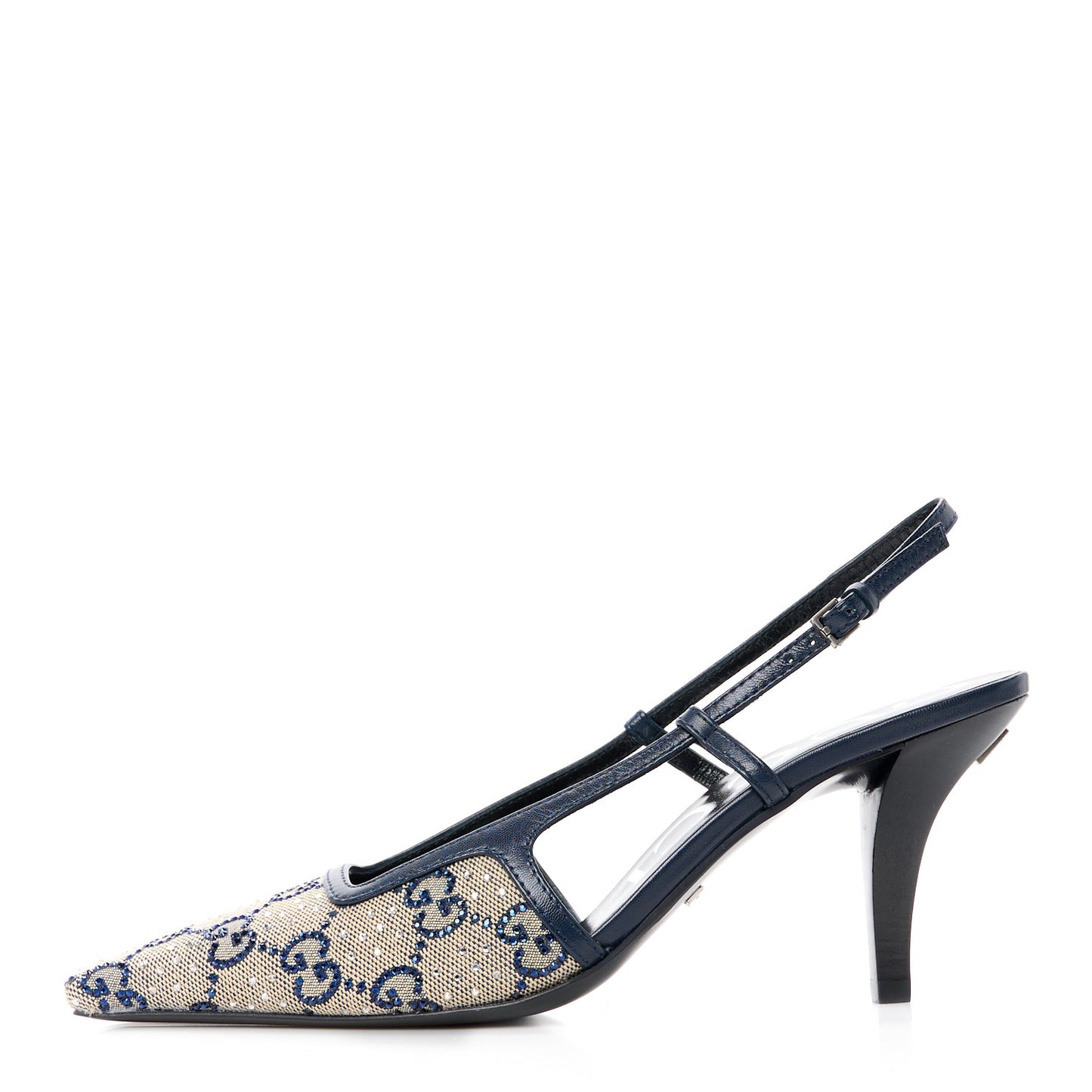 GG Monogram Malaga Kid Crystal Square G 75mm Slingback Pumps 35.5 Beige Blue