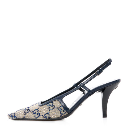 Gucci GG Monogram Malaga Kid Crystal Square G 75mm Slingback Pumps 35.5 Beige Blue 1 of 9