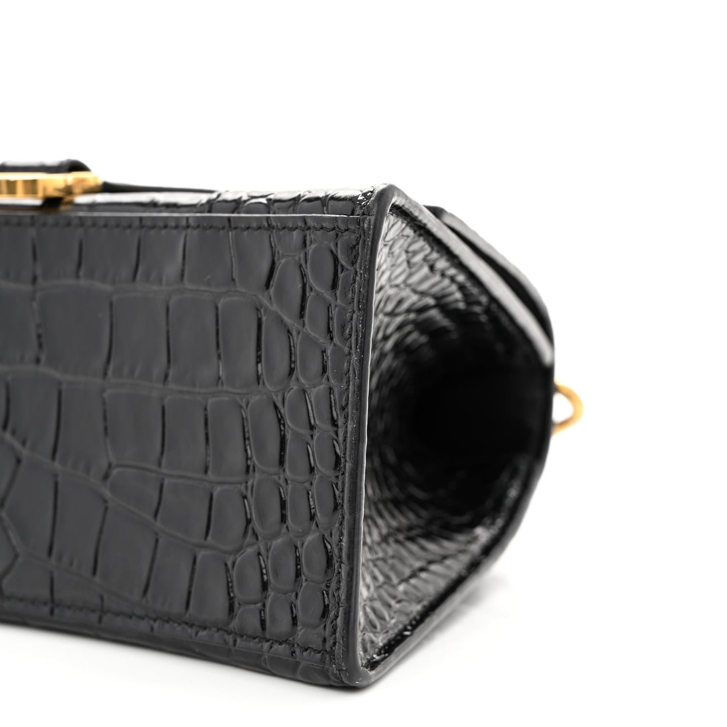 Shiny Calfskin Crocodile Embossed Small Hourglass Top Handle Bag Black