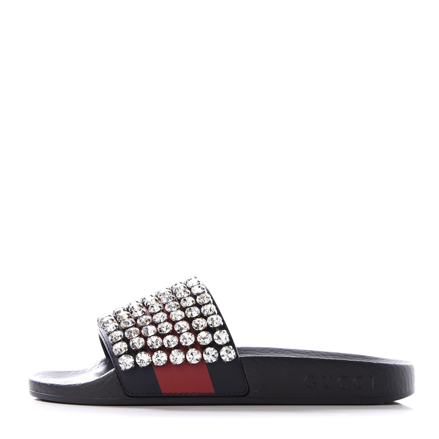 Gucci Calfskin Crystal Embellished Web Slide Sandals 34 Blue Red 1 of 9