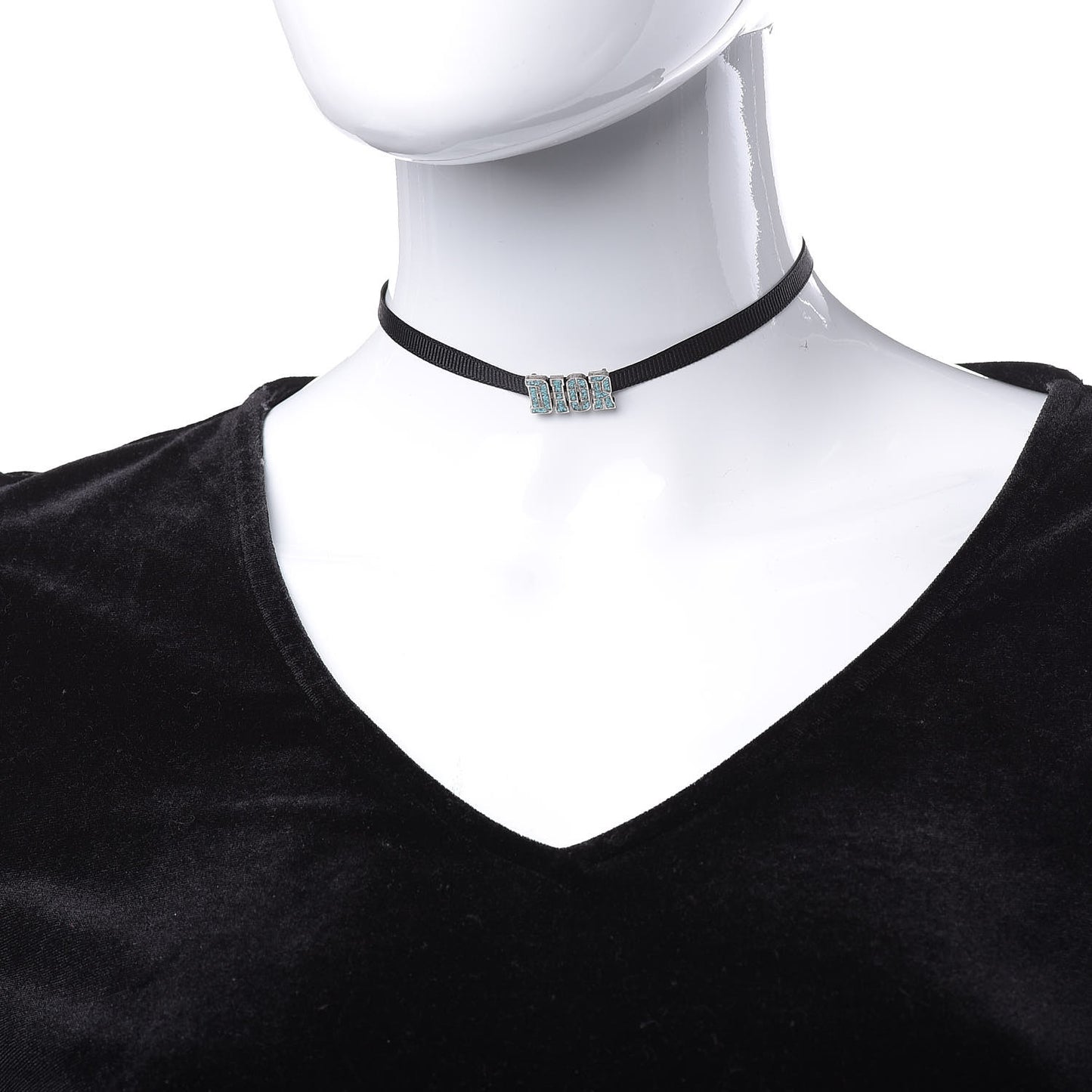 Grosgrain Ribbon Crystal Dior Logo Choker Necklace Black Turquoise