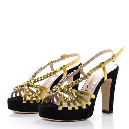 Gucci Velvet Nappa Crystal Zephyra Slingback Platform High Heel Sandals 36 Black Gold 3 of 9