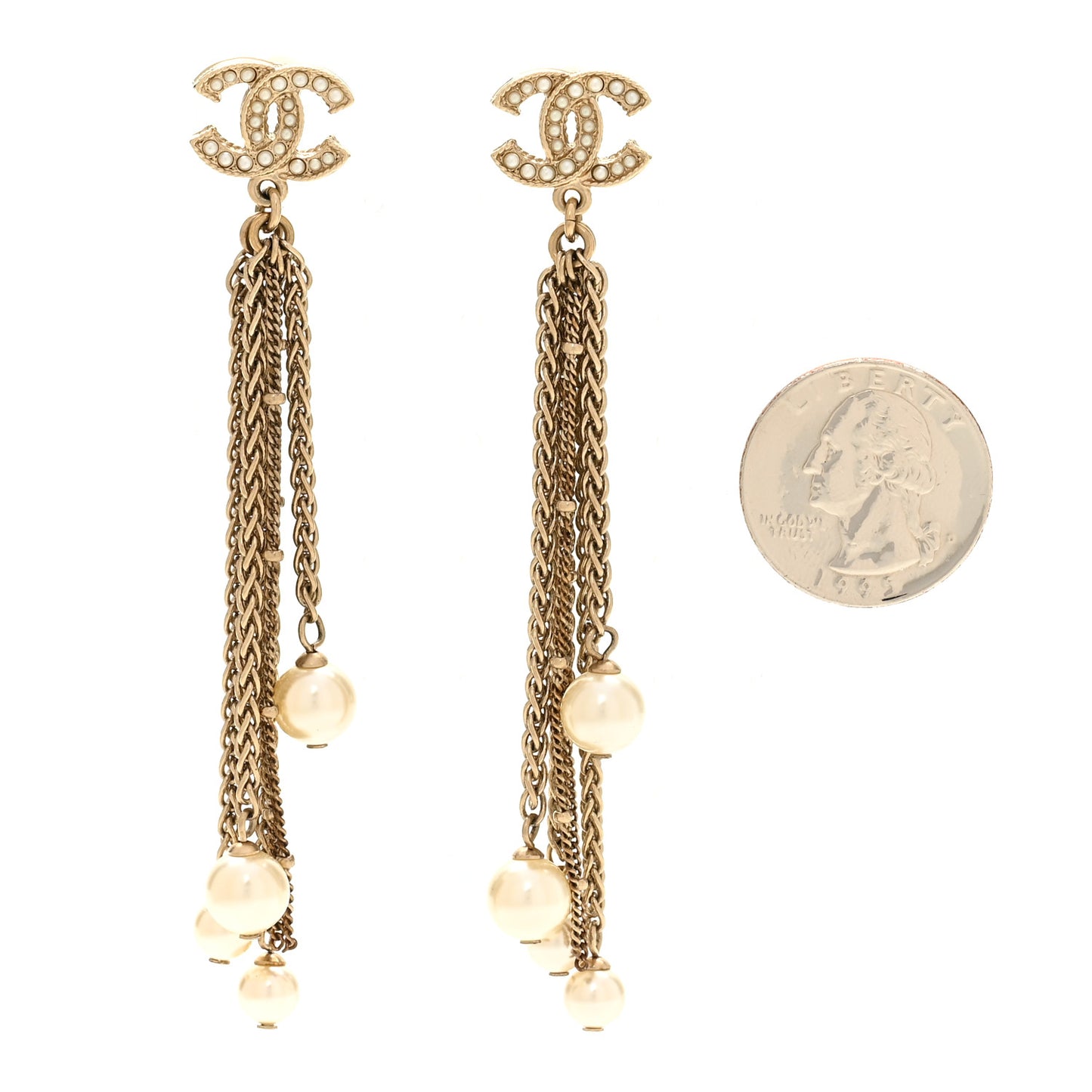 Pearl Chain CC Dangle Earrings Gold