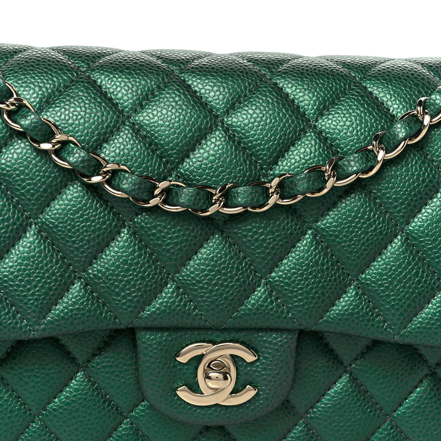 Metallic Caviar Quilted Medium Double Flap Green