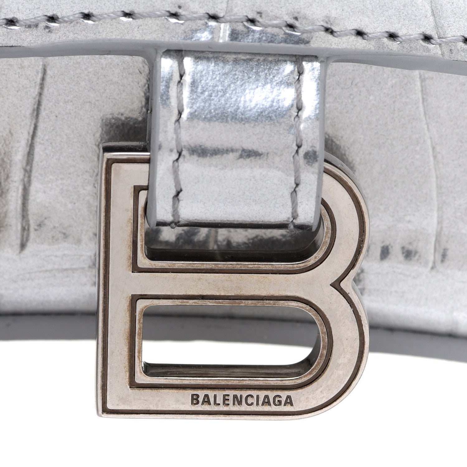 Balenciaga Metallic Calfskin Crocodile Embossed Hourglass Chain Cardholder Silver 7 of 7
