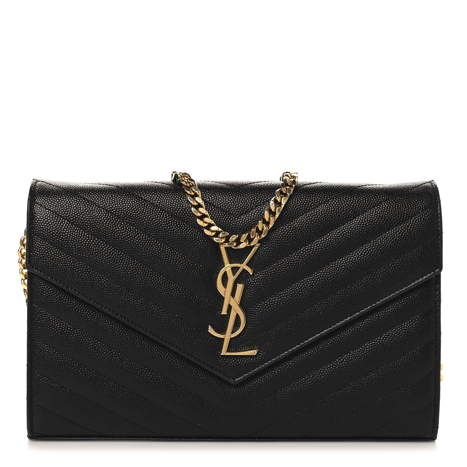 Saint Laurent Grain De Poudre Matelasse Chevron Monogram Chain Wallet Black 1 of 10