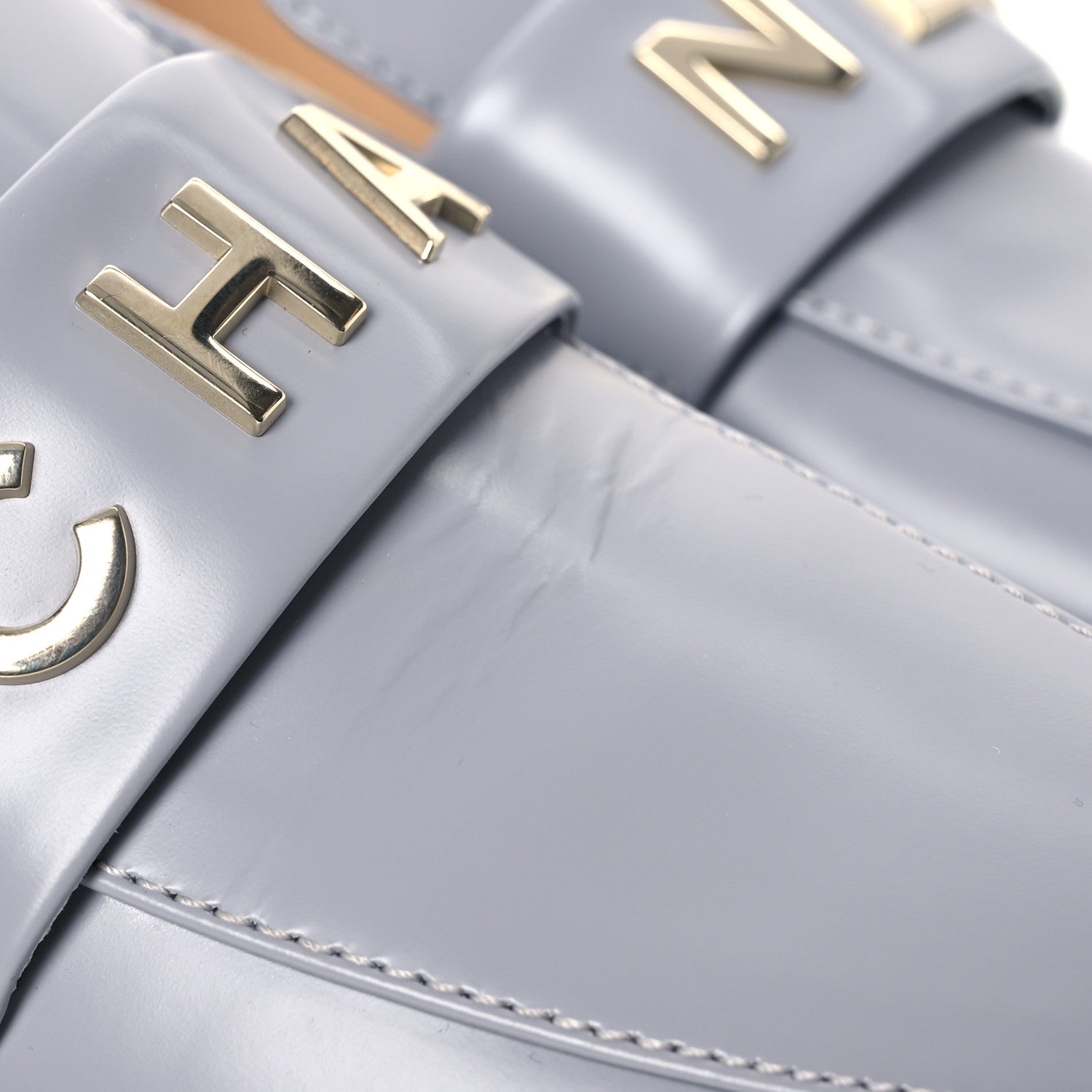 Chanel Shiny Calfskin Logo Loafers 37 Light Grey 1615529