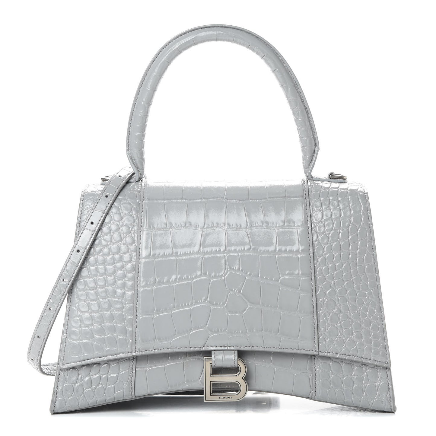 Shiny Calfskin Crocodile Embossed Medium Hourglass Top Handle Bag Balenciaga Grey