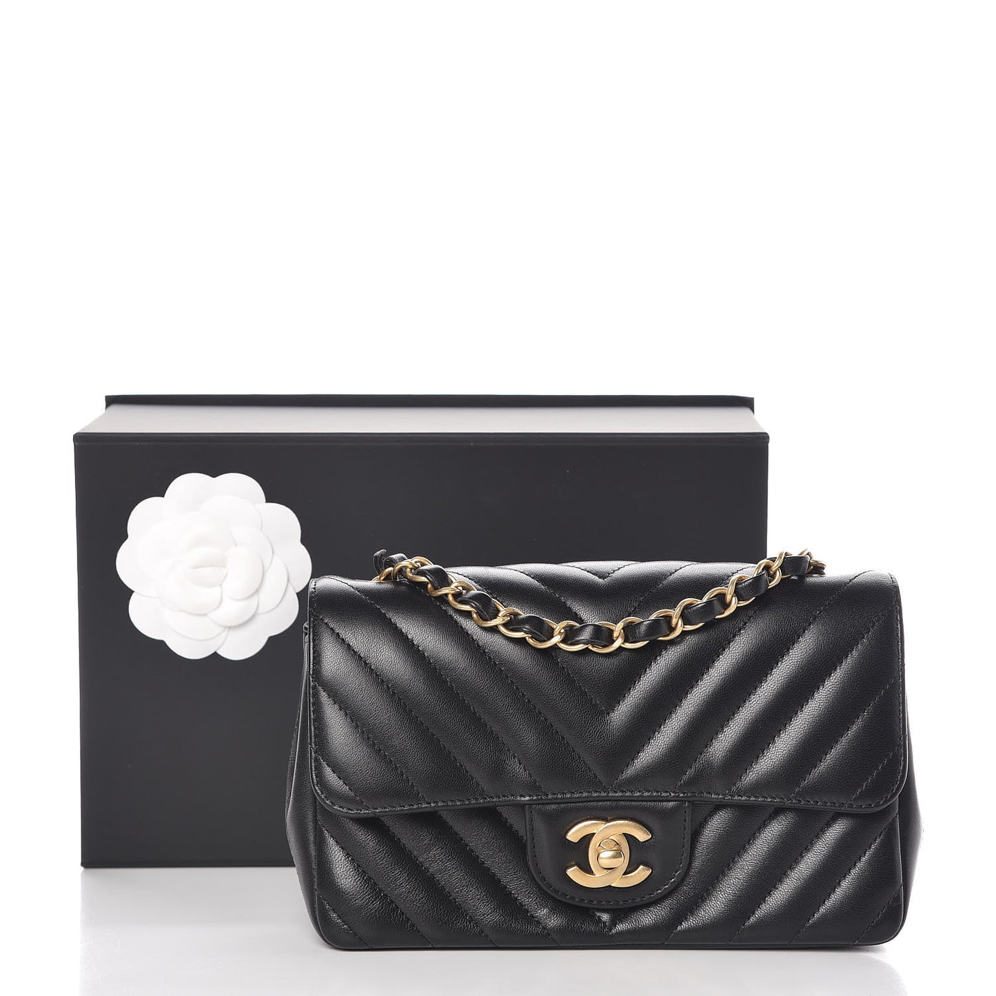 Lambskin Chevron Quilted Mini Rectangular Flap Black