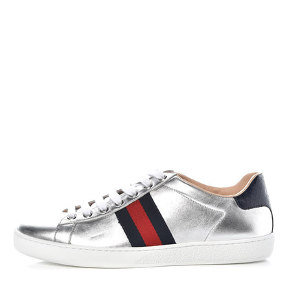 Gucci Ayers Calfskin Womens New Ace Sneaker 37.5 Silver 1 of 10