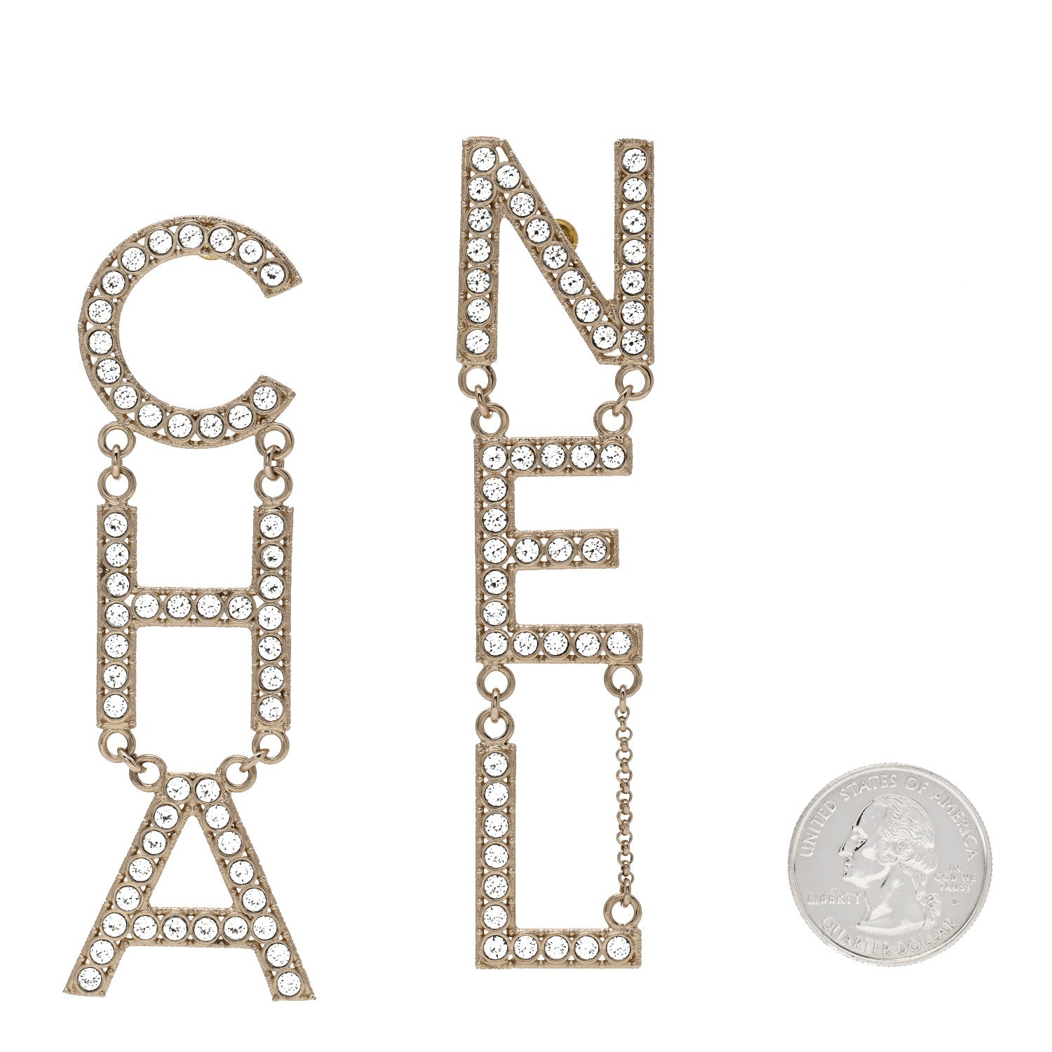 Chanel Crystal Cha-Nel Logo Drop Earrings Gold 2 of 6