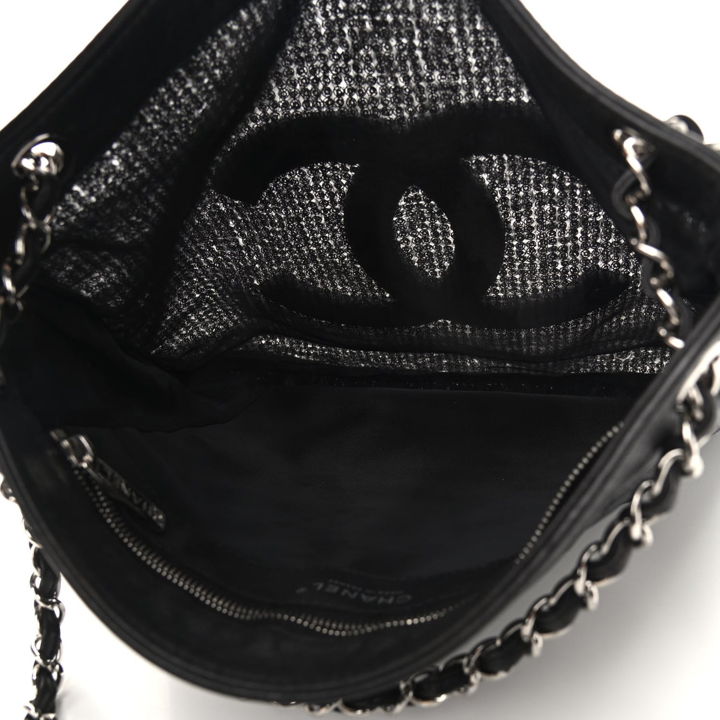 Calfskin Mesh Hidden Sequin CC Tote Black