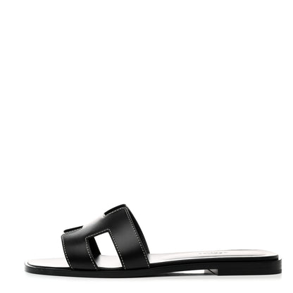 Hermes Box Calfskin Oran Sandals 37.5 Black 1 of 9
