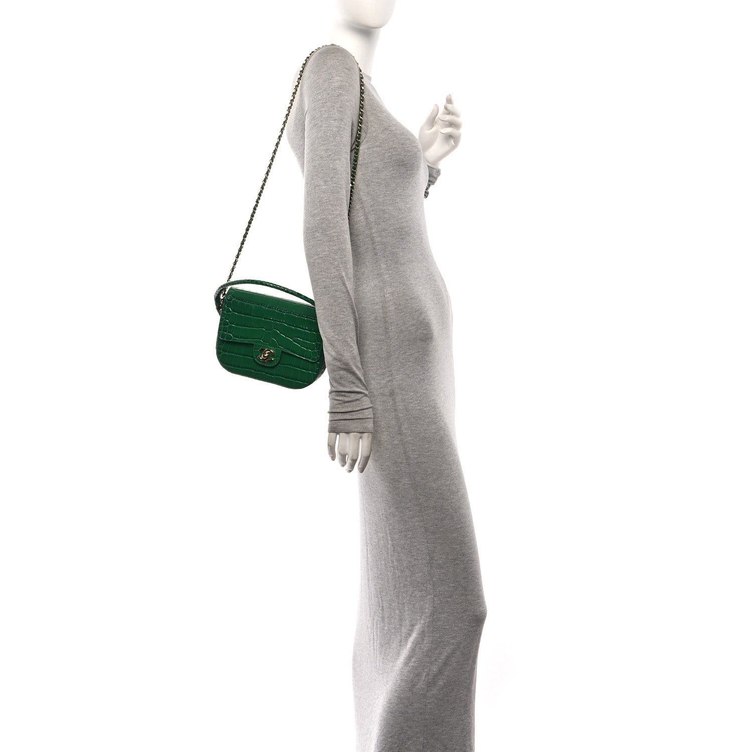 Chanel Calfskin Crocodile Embossed Turn Around Clutch With Chain Green 2 of 11
