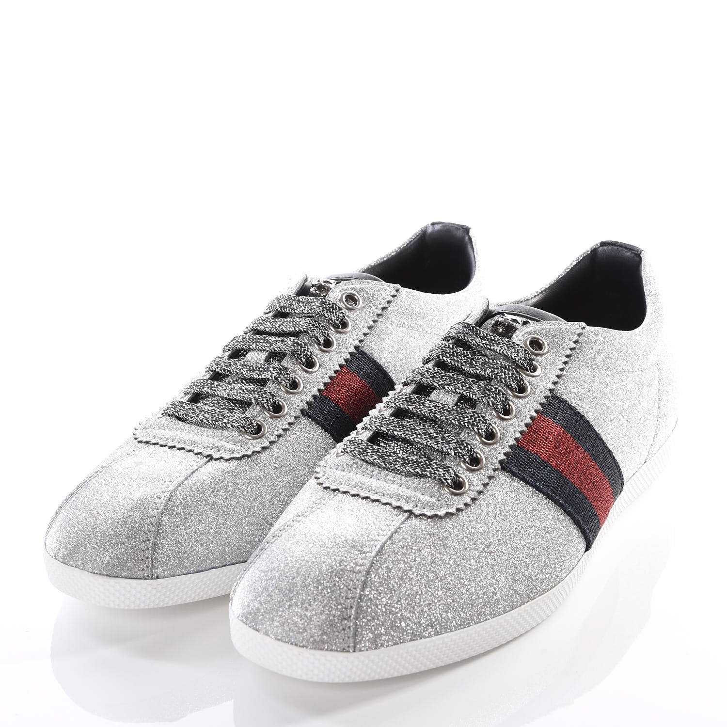 Gucci Glitter Fabric Studded Web Sneakers 37.5 Silver 2 of 9