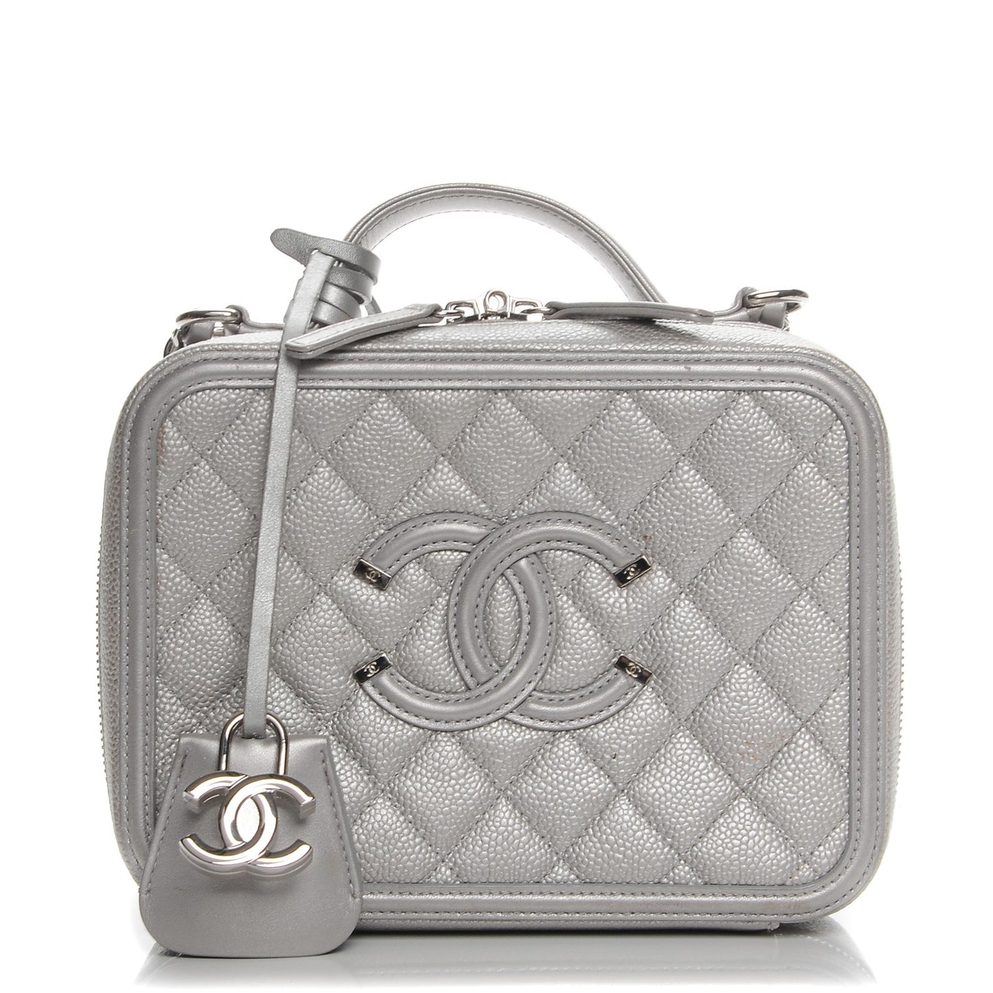 Metallic Caviar Quilted Medium CC Filigree Vanity Case Silver