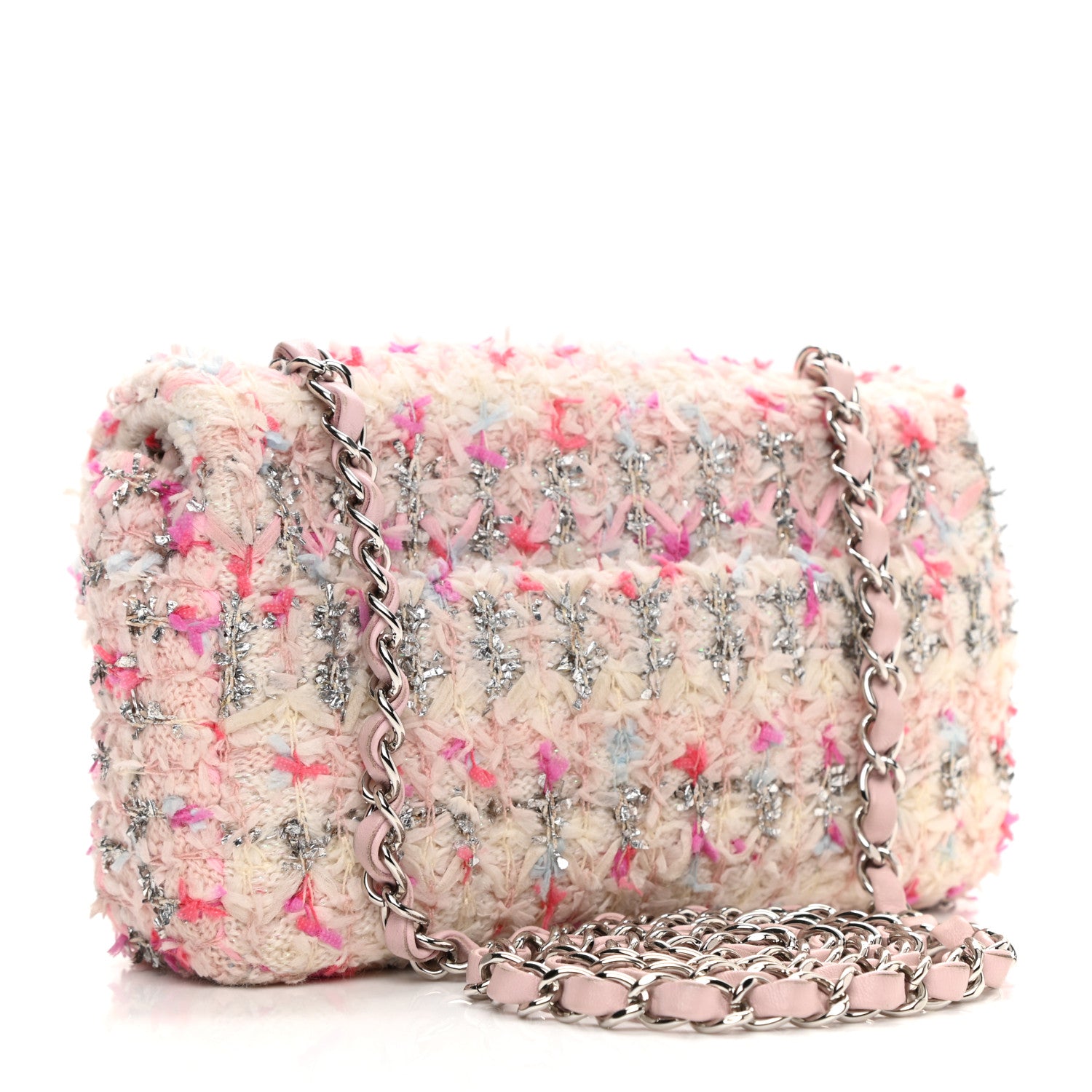 Chanel Tweed Quilted Mini Rectangular Flap Light Pink Silver Blue 3 of 10