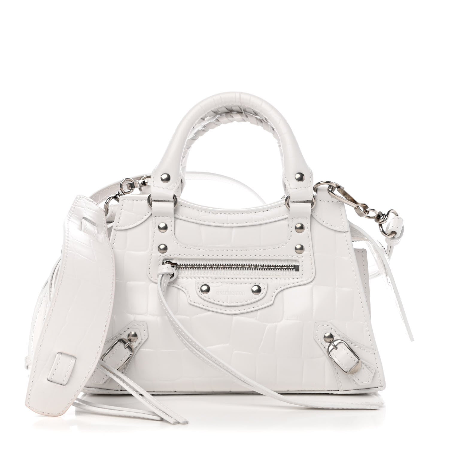 Balenciaga Semi Shiny Calfskin Crocodile Embossed Neo Classic Silver Hardware Mini City White 1 of 9