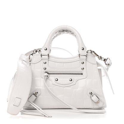 Balenciaga Semi Shiny Calfskin Crocodile Embossed Neo Classic Silver Hardware Mini City White 1 of 9