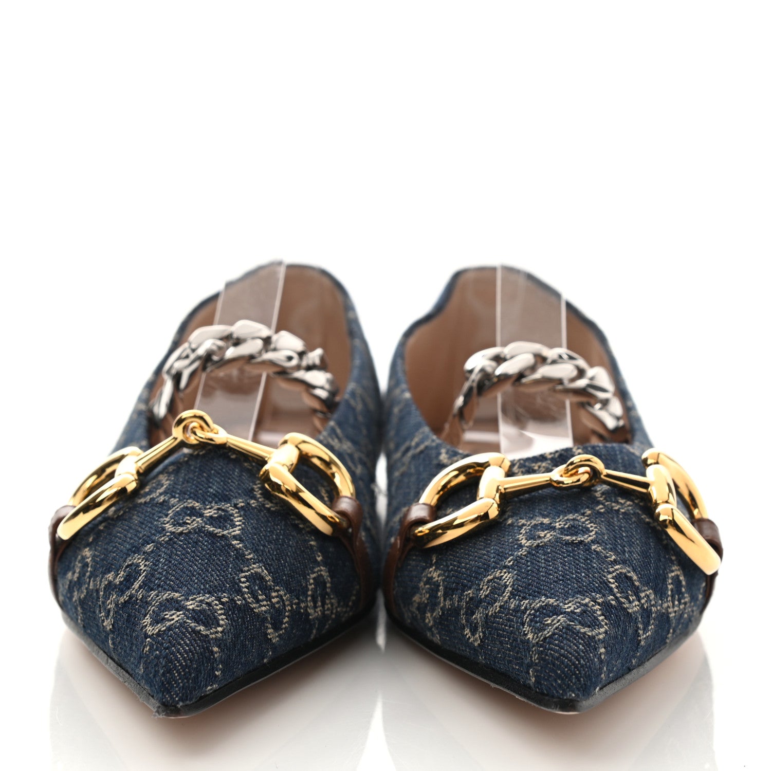 Gucci New Denim GG Monogram Nappa Deva Horsebit Chain Embellished Flats 39.5 Blue Tea Cuir Epilog 2 of 8