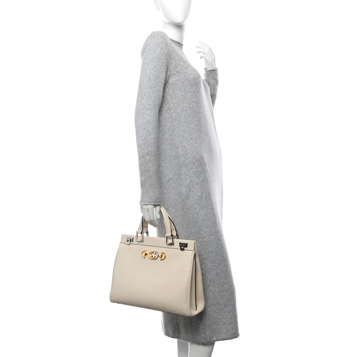 Grainy Calfskin Medium Zumi Top Handle Bag Mystic White