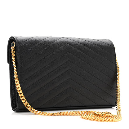 Saint Laurent Grain De Poudre Matelasse Chevron Monogram Chain Wallet Black 3 of 10