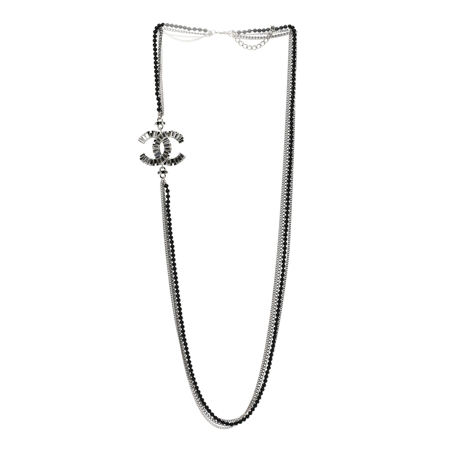 Metal Crystal Baguette Beaded CC Multi Strand Long Necklace Silver Black