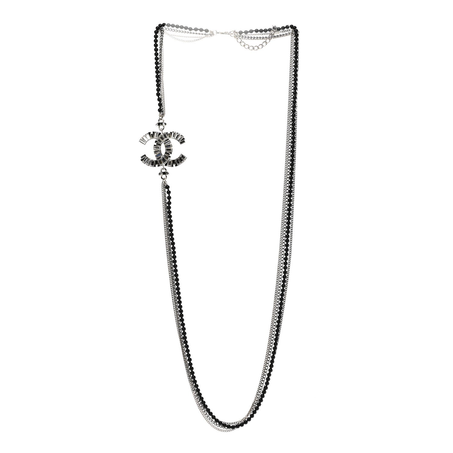 Chanel Metal Crystal Baguette Beaded CC Multi Strand Long Necklace Silver Black 3 of 6