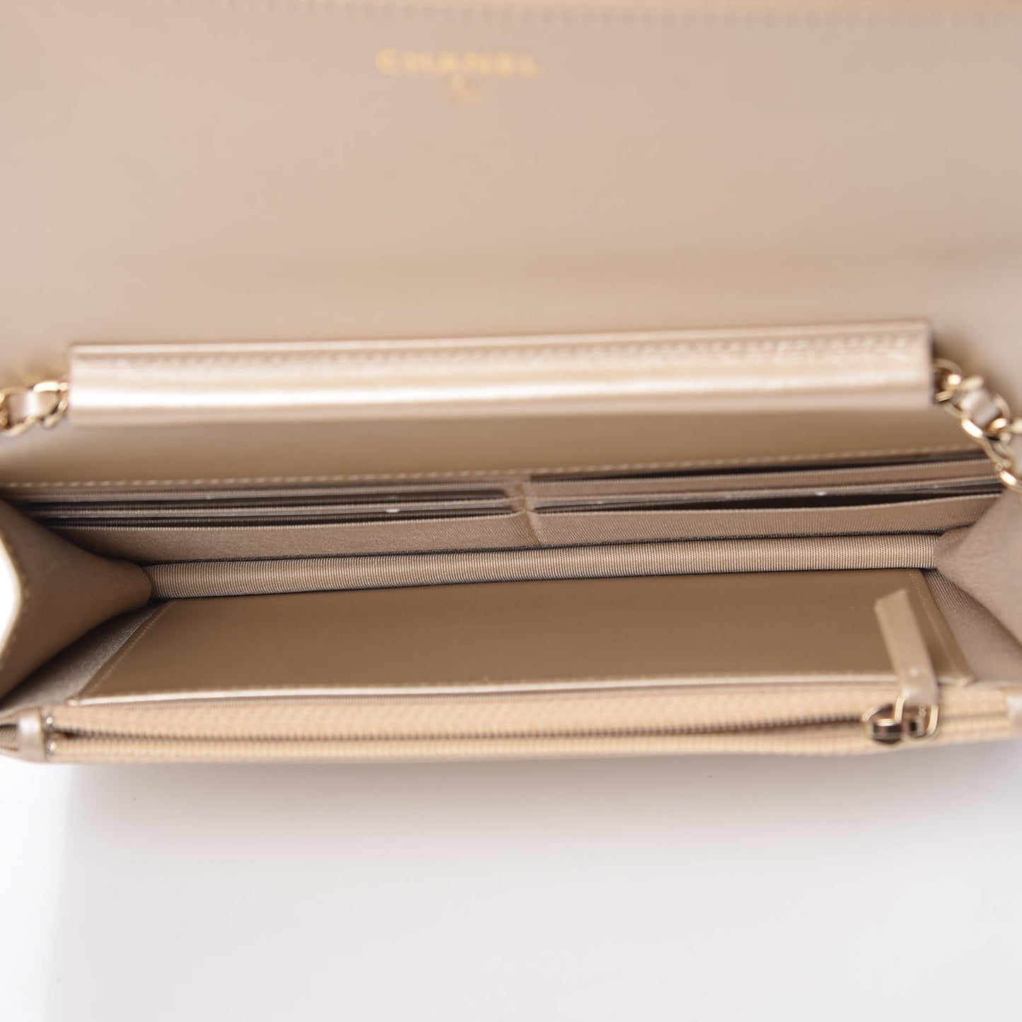Metallic Lambskin Camellia Crystal Wallet on Chain WOC Gold