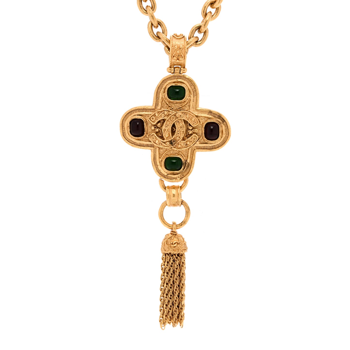 Gripoix Poured Glass Cross CC Tassel Chain Necklace Gold