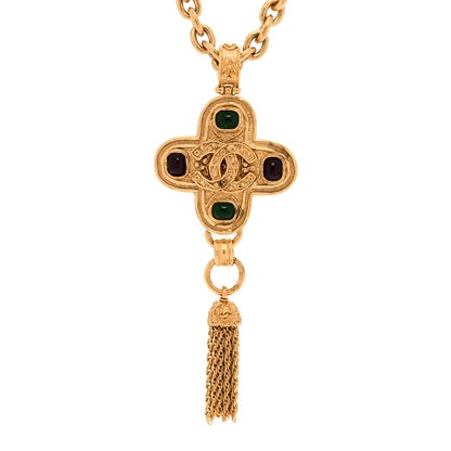 Chanel Gripoix Poured Glass Cross CC Tassel Chain Necklace Gold 4 of 6