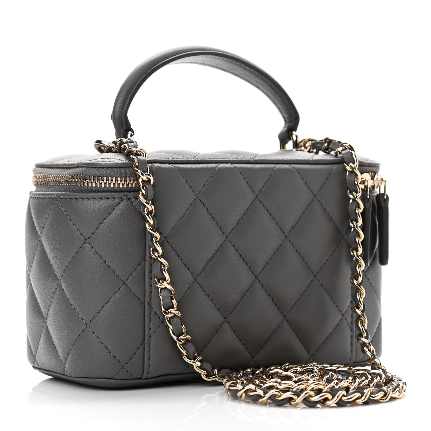 Lambskin Quilted Small Top Handle Vanity Case With Chain Dark Grey