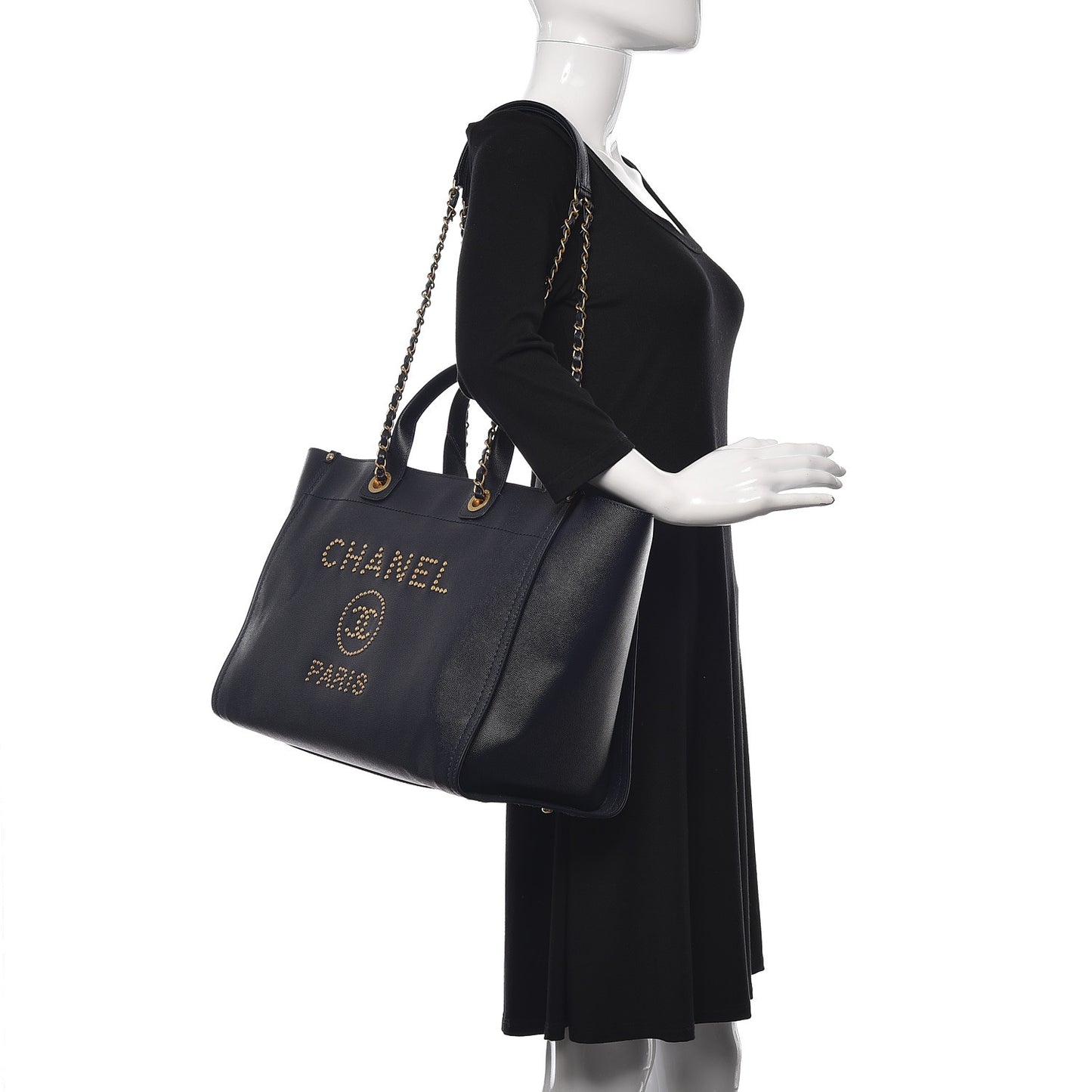 Caviar Medium Studded Deauville Tote Navy
