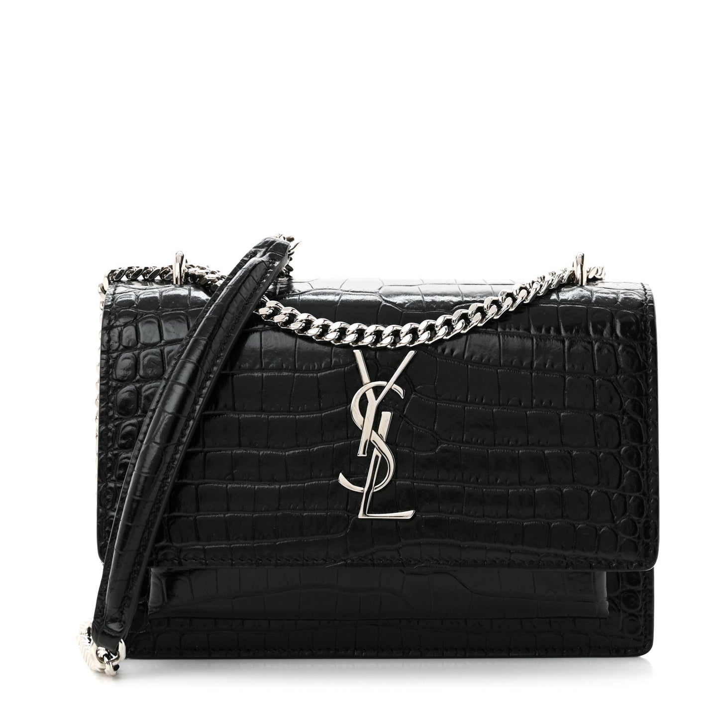 Calfskin Crocodile Embossed Monogram Sunset Chain Wallet Black