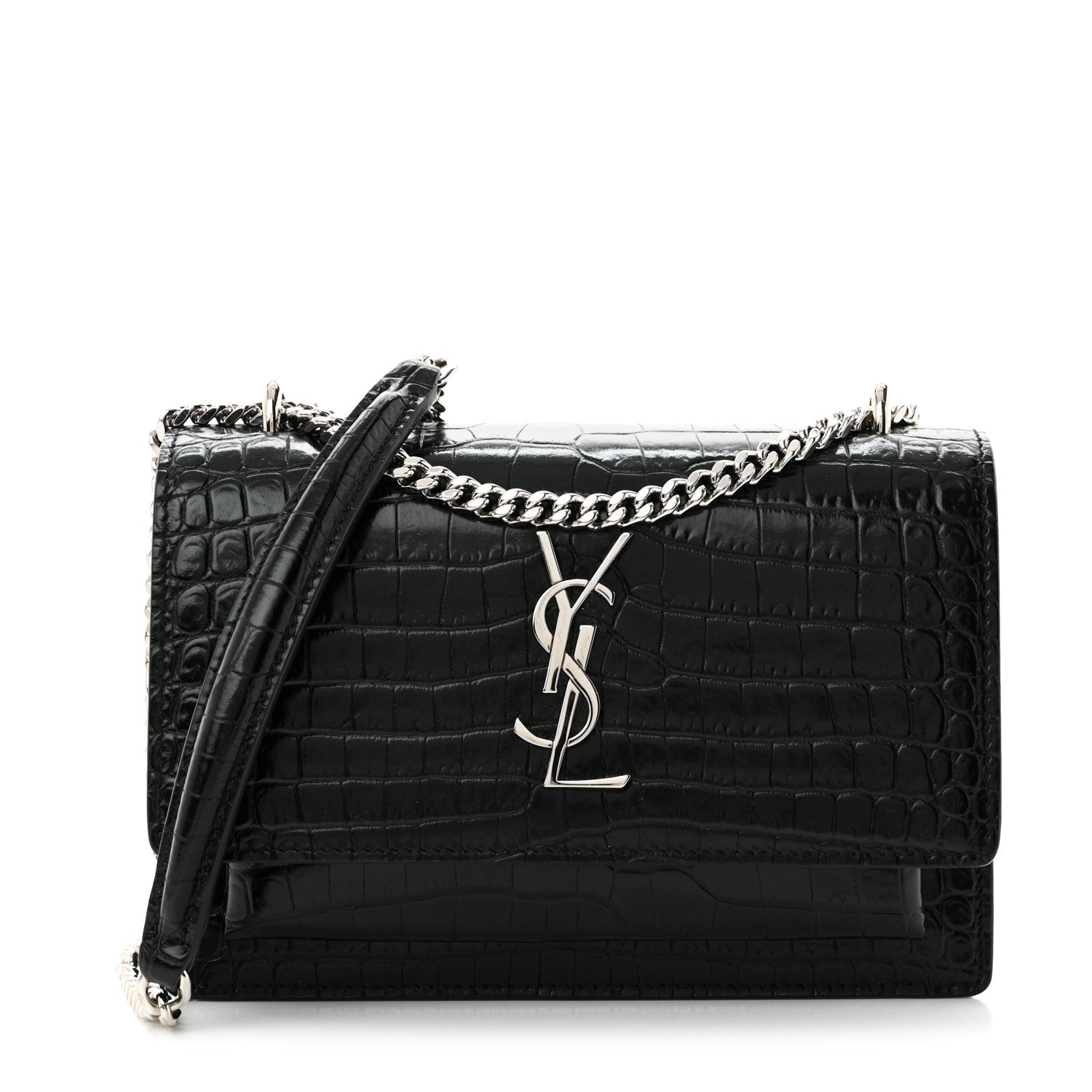 Saint Laurent Calfskin Crocodile Embossed Monogram Sunset Chain Wallet Black 1 of 11