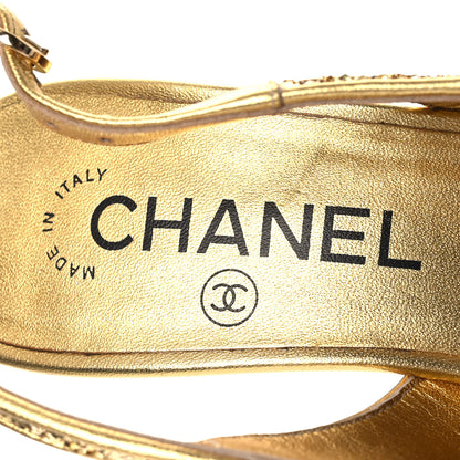 Chanel Glitter Grosgrain Cap Toe CC Slingback Pumps 38 Gold Black 9 of 13