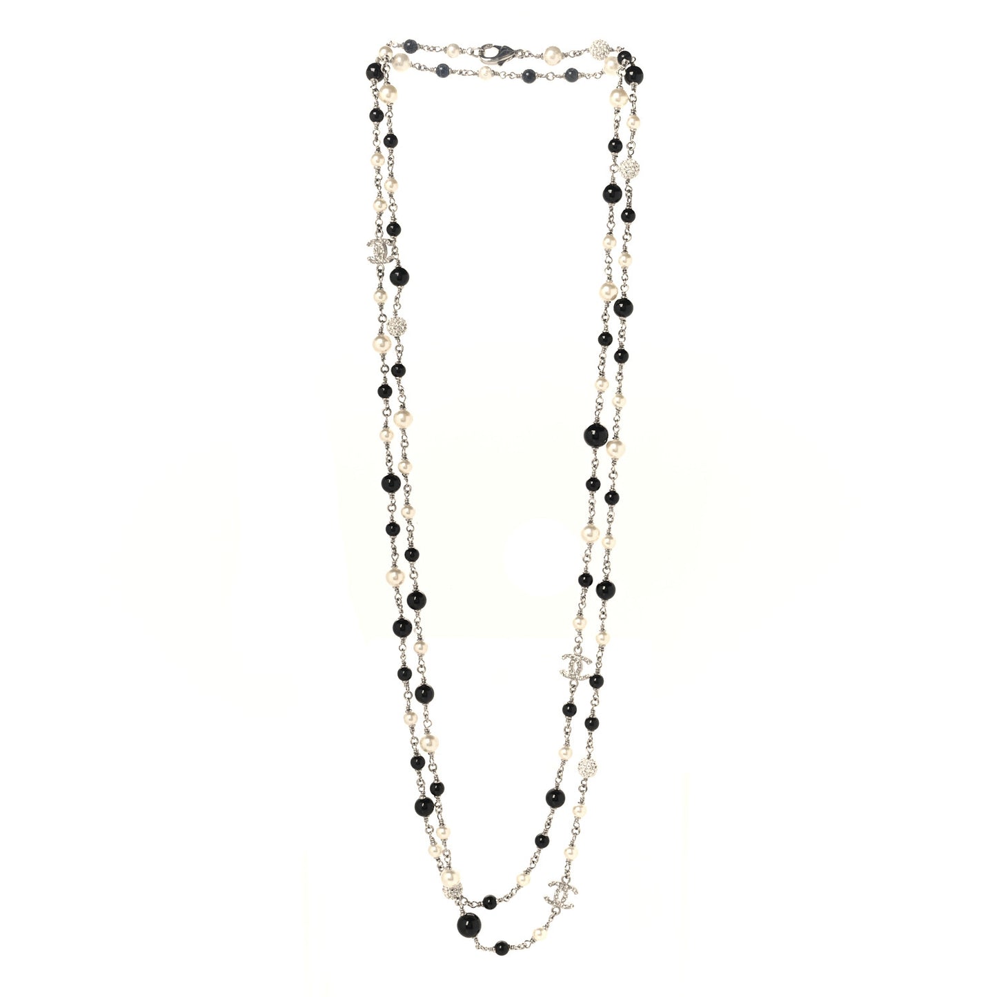 Pearl Crystal Bead CC Long Necklace Black Silver
