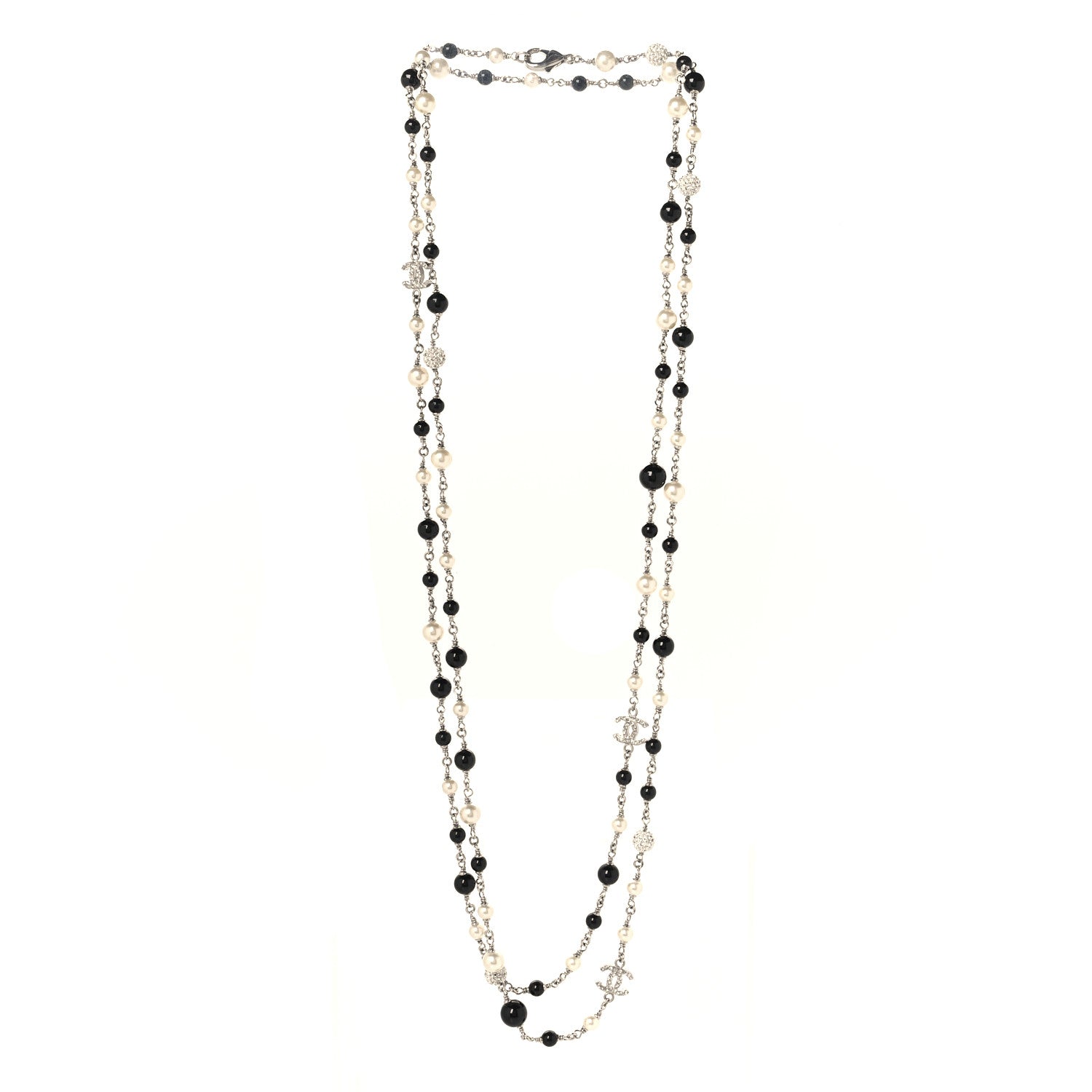 Chanel Pearl Crystal Bead CC Long Necklace Black Silver 3 of 5